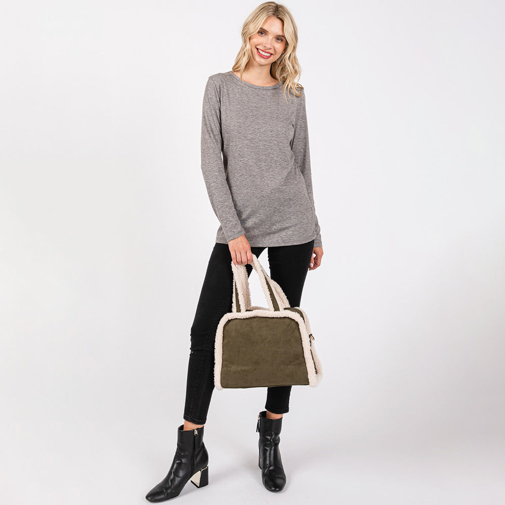 Fleece Trimmed Solid Tote / Crossbody Bag With Adjustable Strap