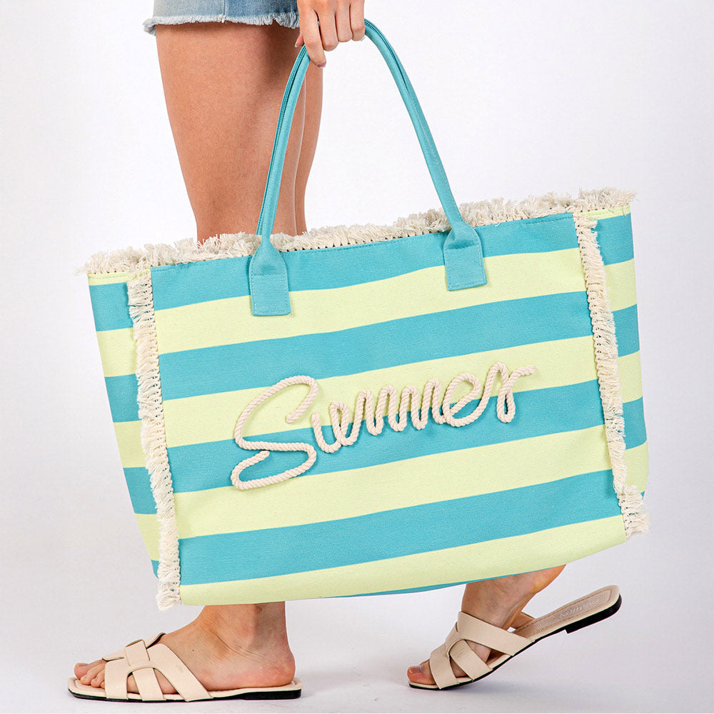 SUMMER Message Embroidered Fringe Striped Tote Beach Bag