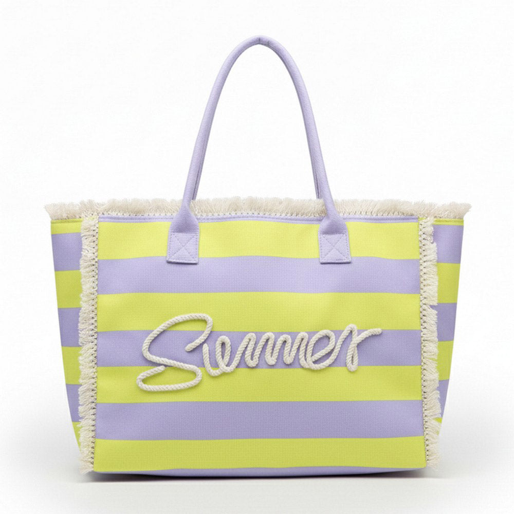 SUMMER Message Embroidered Fringe Striped Tote Beach Bag