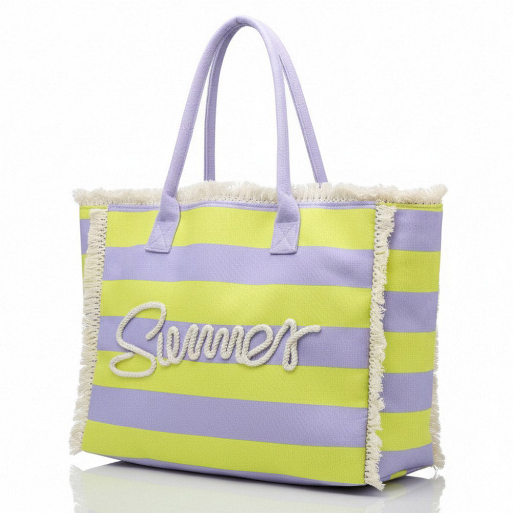 SUMMER Message Embroidered Fringe Striped Tote Beach Bag