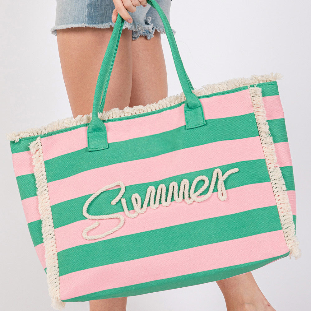 SUMMER Message Embroidered Fringe Striped Tote Beach Bag