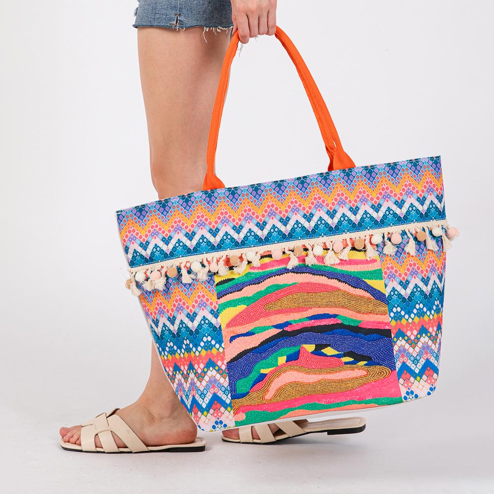 Boho Print Pom Pom Fringe Tote Bag