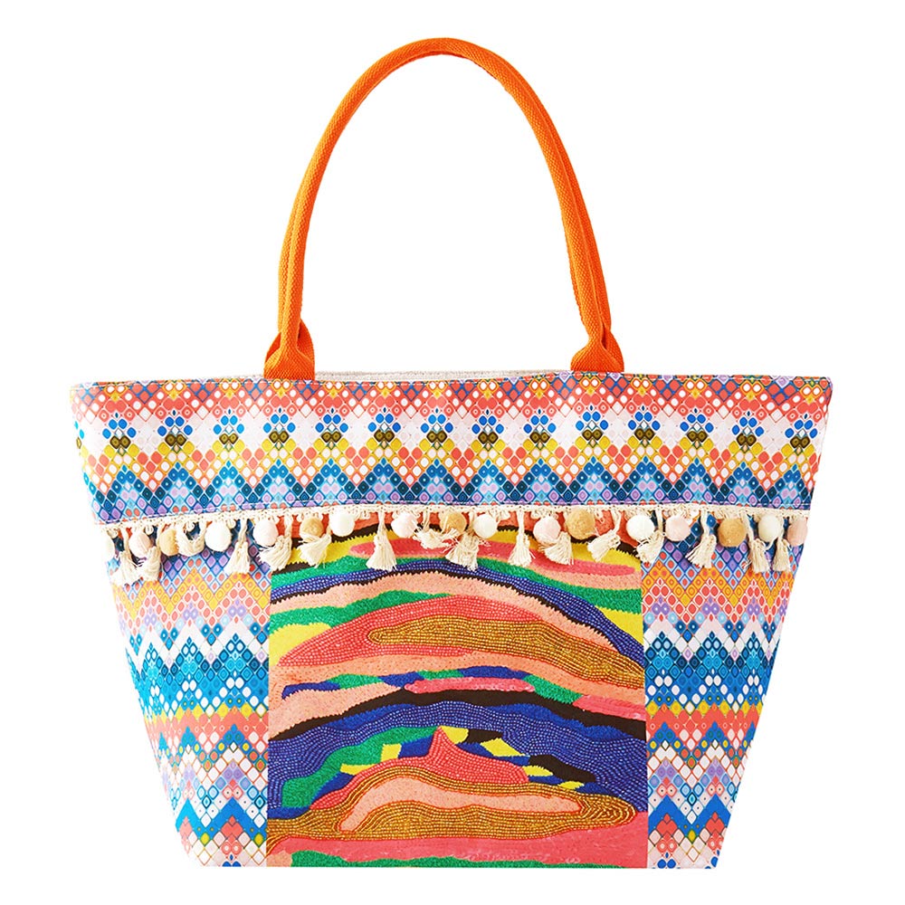 Boho Print Pom Pom Fringe Tote Bag