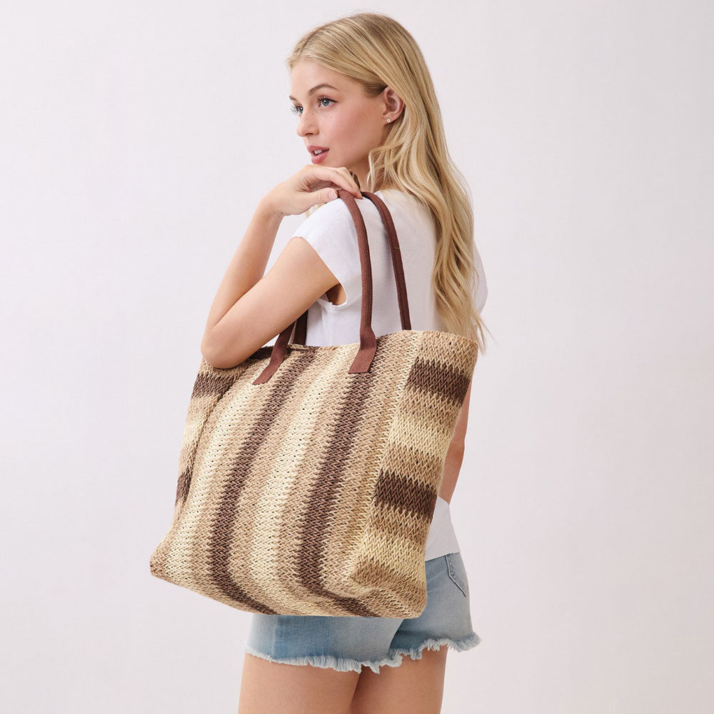 Natural Multi Color Stripe Straw Tote Bag
