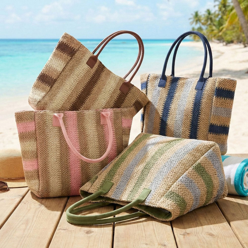 Natural Multi Color Stripe Straw Tote Bag