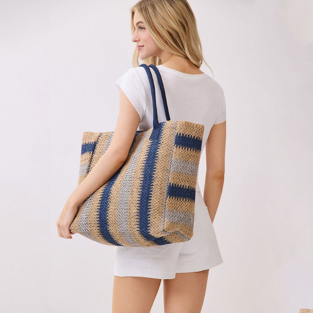 Natural Multi Color Stripe Straw Tote Bag