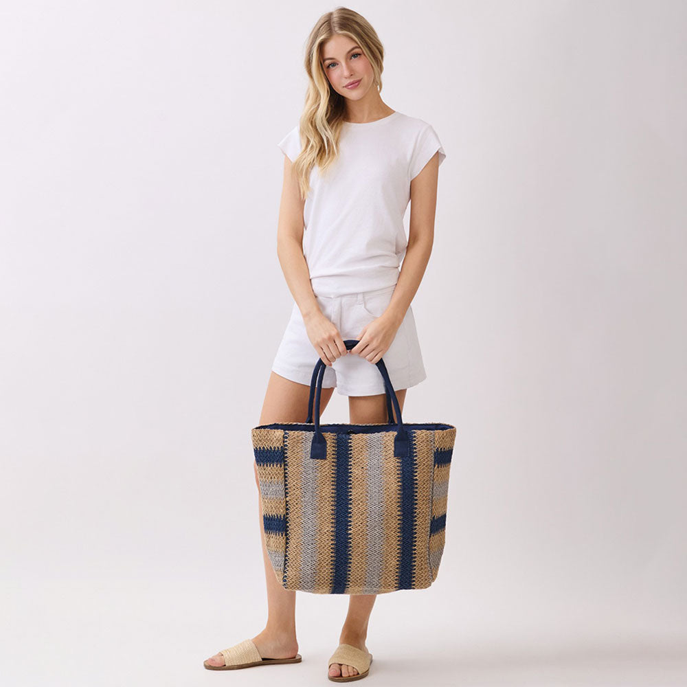 Natural Multi Color Stripe Straw Tote Bag