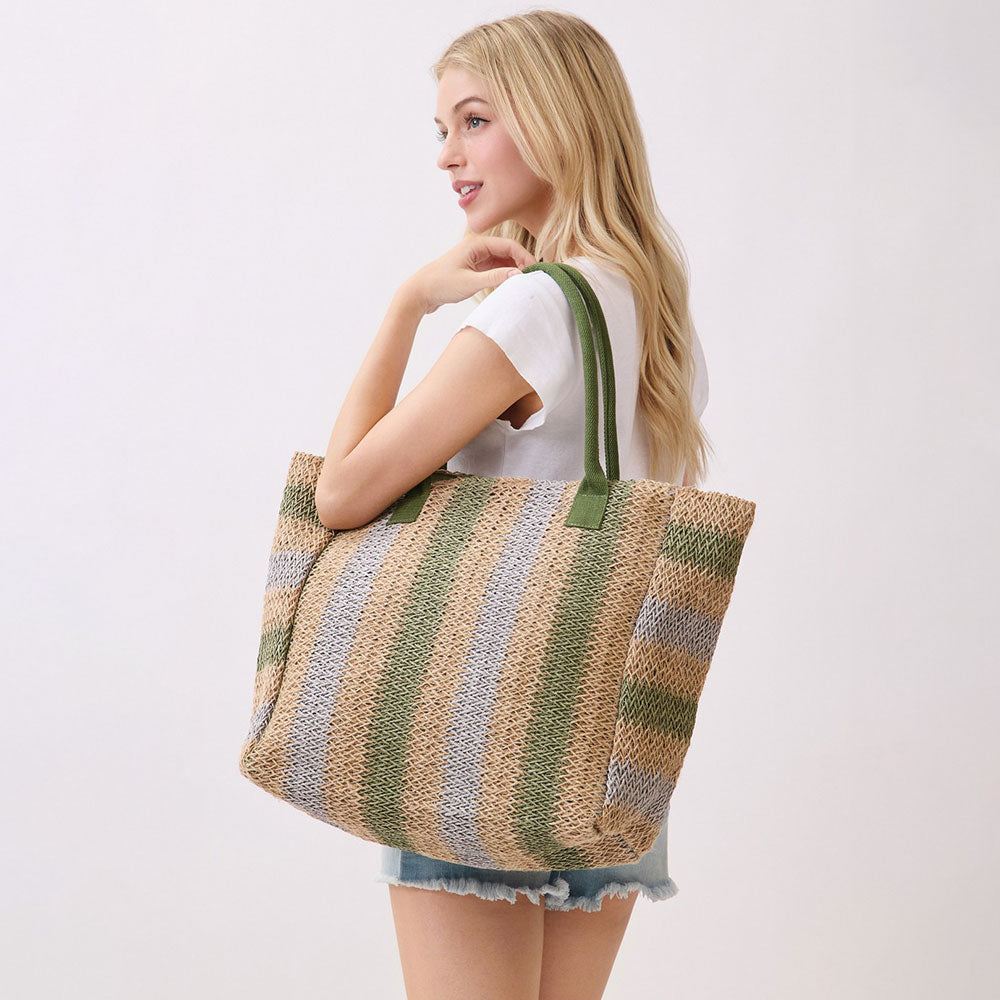 Natural Multi Color Stripe Straw Tote Bag