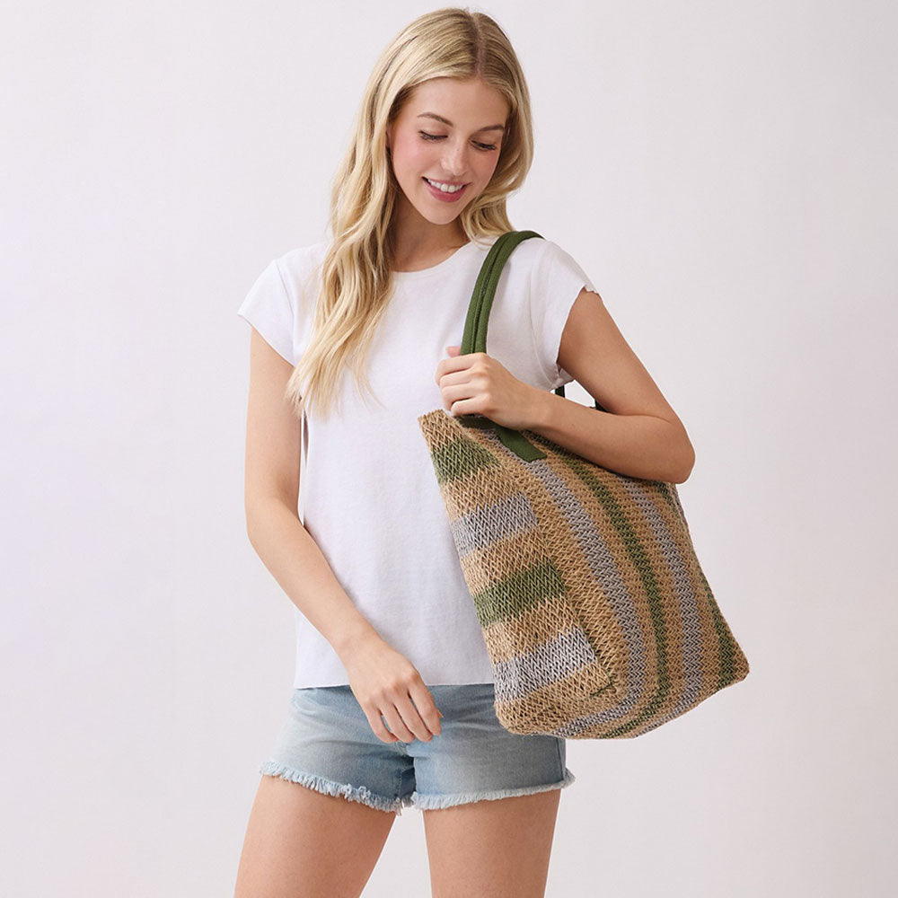 Natural Multi Color Stripe Straw Tote Bag