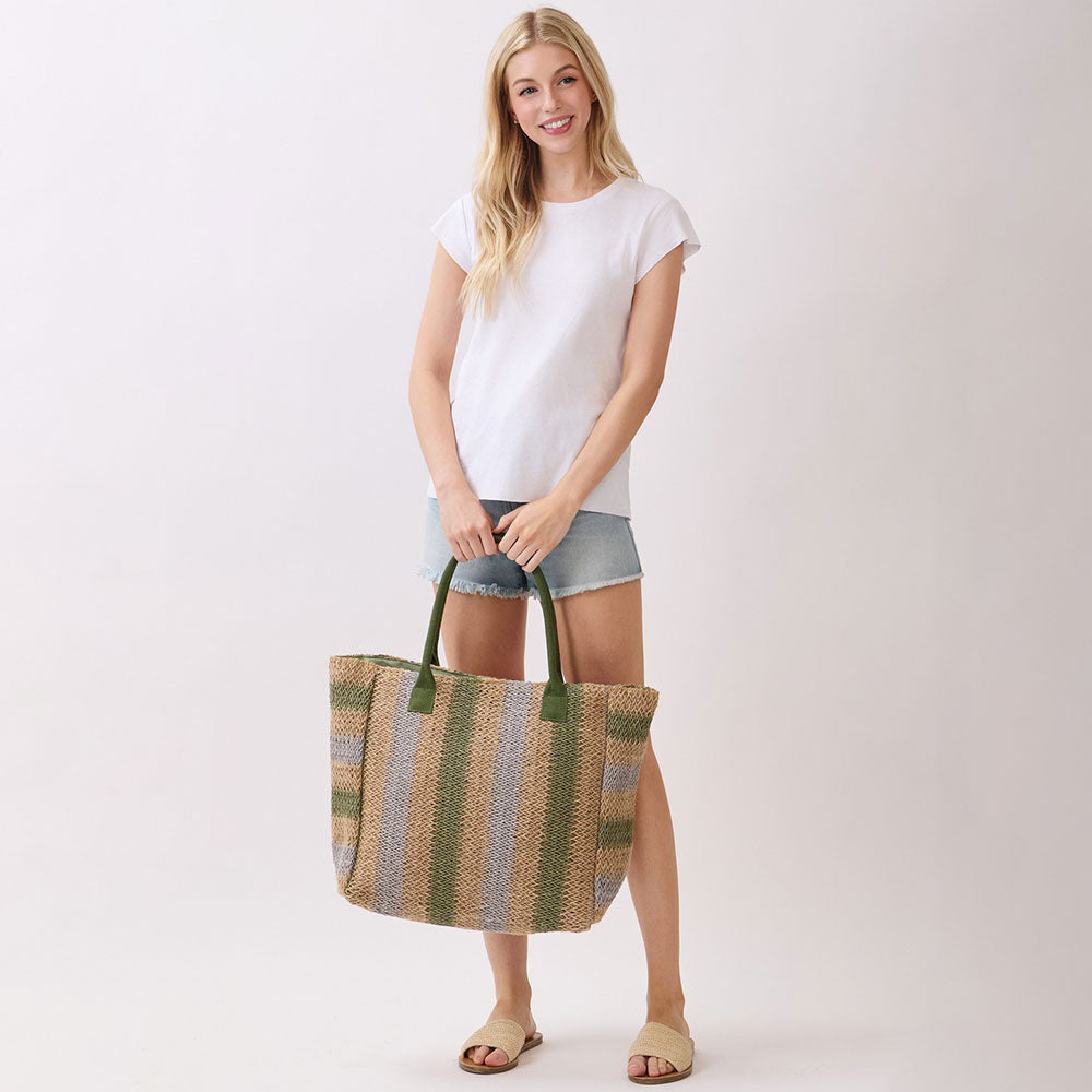 Natural Multi Color Stripe Straw Tote Bag