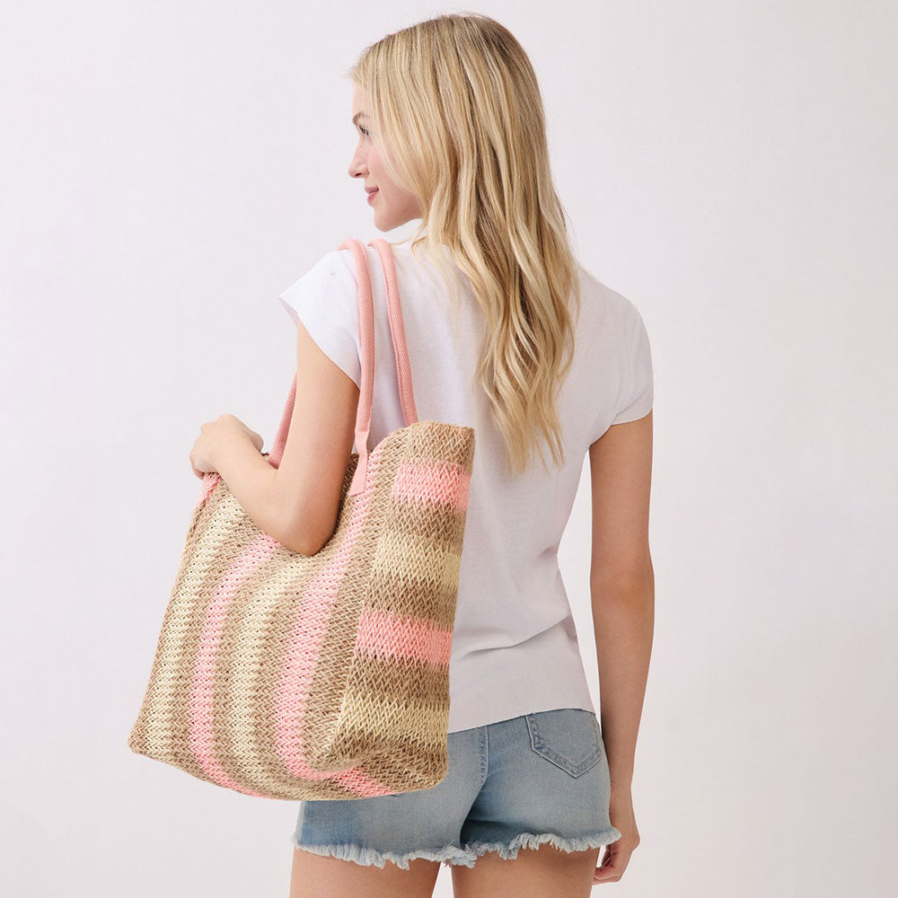 Natural Multi Color Stripe Straw Tote Bag
