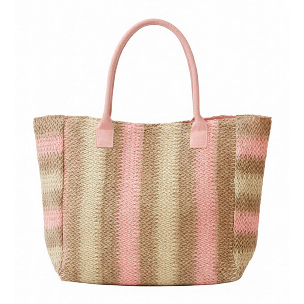 Natural Multi Color Stripe Straw Tote Bag