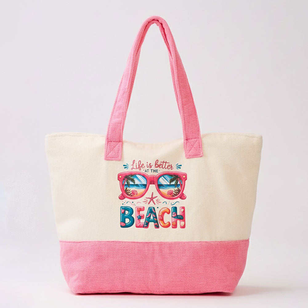 LIFE IS BETTER AT THE BEACH Message Sunglasses Graphic Printed Terry Tote Bag