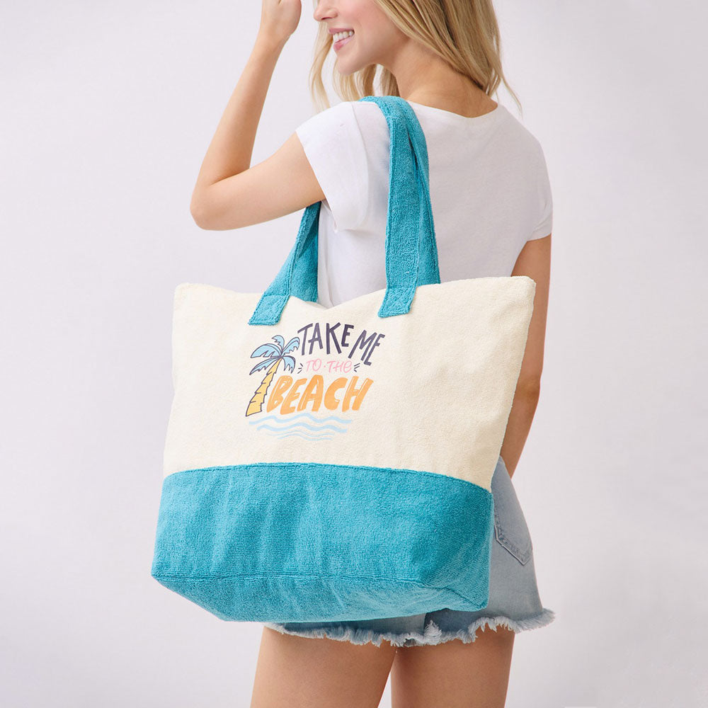 TAKE ME TO THE BEACH Message Palm Tree Graphic Printed Terry Tote Bag