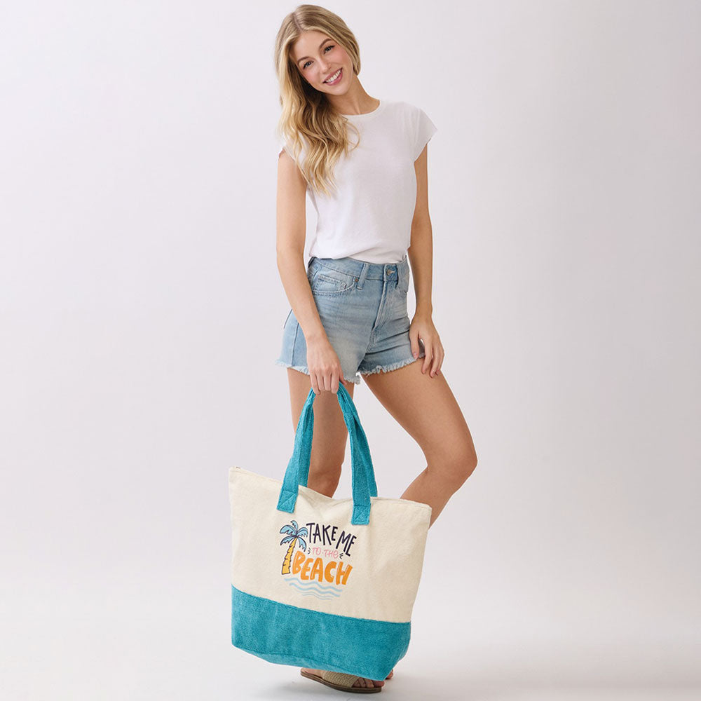TAKE ME TO THE BEACH Message Palm Tree Graphic Printed Terry Tote Bag