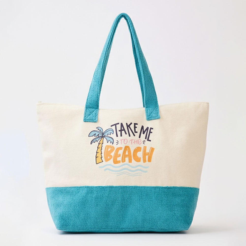 TAKE ME TO THE BEACH Message Palm Tree Graphic Printed Terry Tote Bag