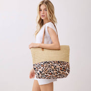 Leopard Print Straw Tote Shoulder Bag
