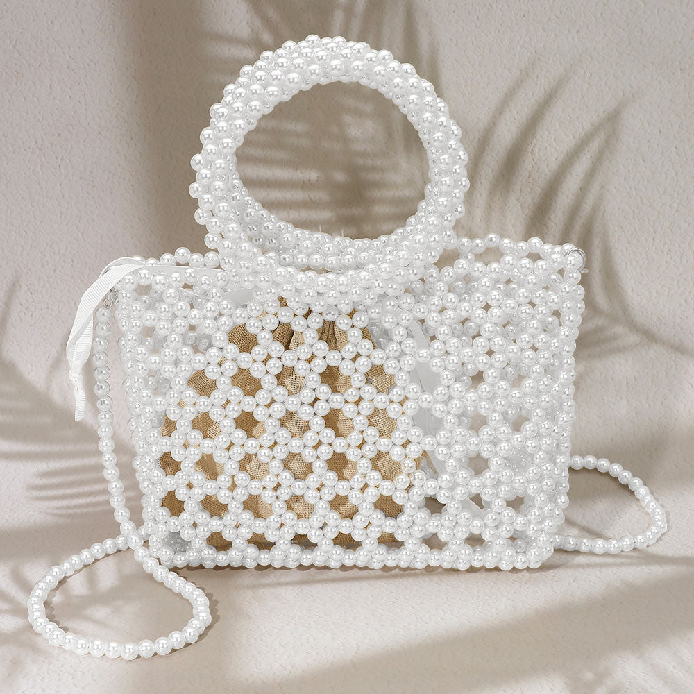 Elegant Pearl Beaded Round Handle Lattice Handbag / Crossbody Bag