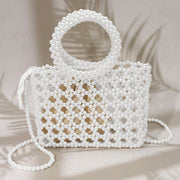Elegant Pearl Beaded Round Handle Lattice Handbag / Crossbody Bag