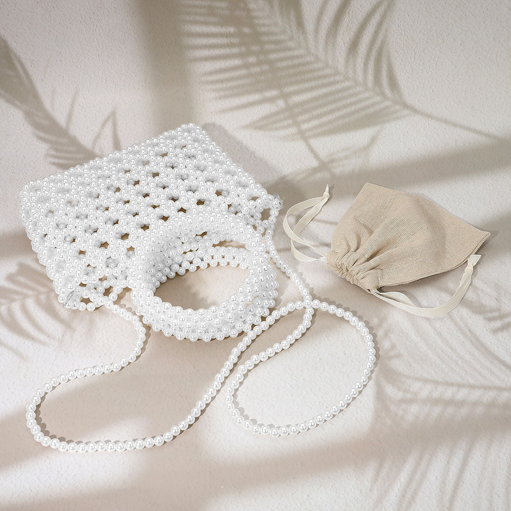 Elegant Pearl Beaded Round Handle Lattice Handbag / Crossbody Bag