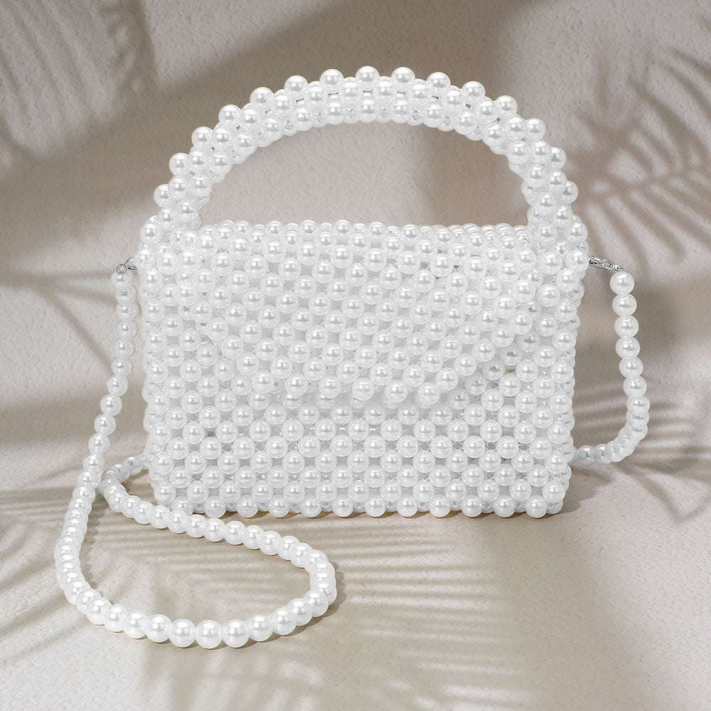 Pearl Beaded Top Handle Flap Hand Bag / Crossbody Bag