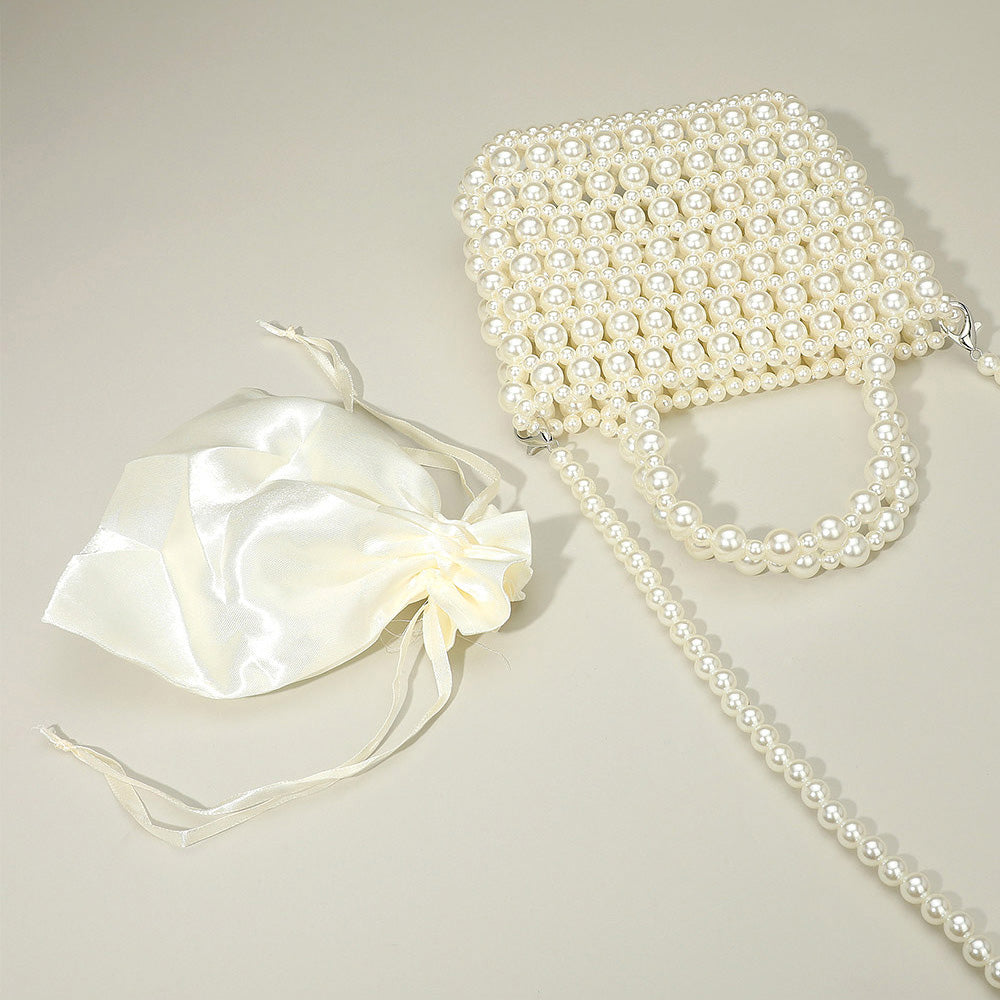 Pearl Beaded Top Handle Drawstring Pouch Handbag / Crossbody Bag