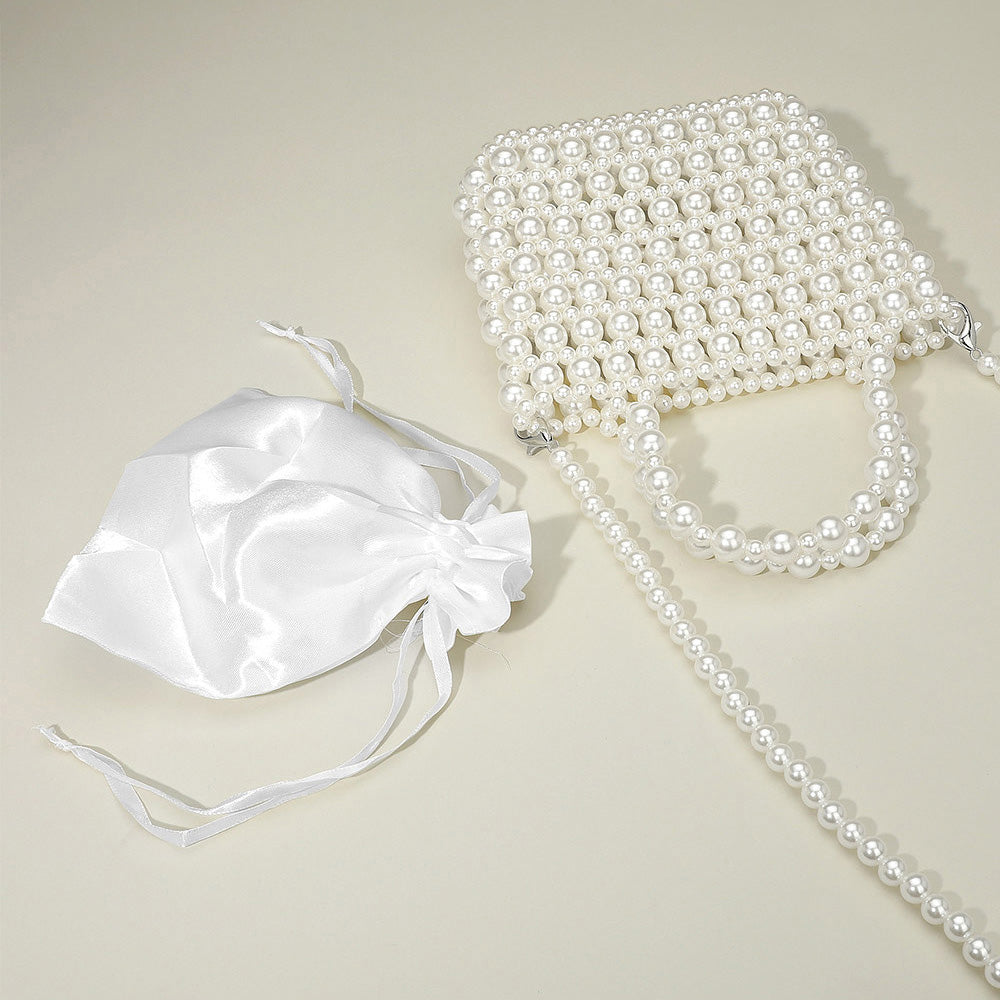 Pearl Beaded Top Handle Drawstring Pouch Handbag / Crossbody Bag