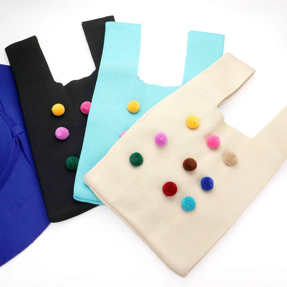 Pom Pom Embellished Knit Tote Bag