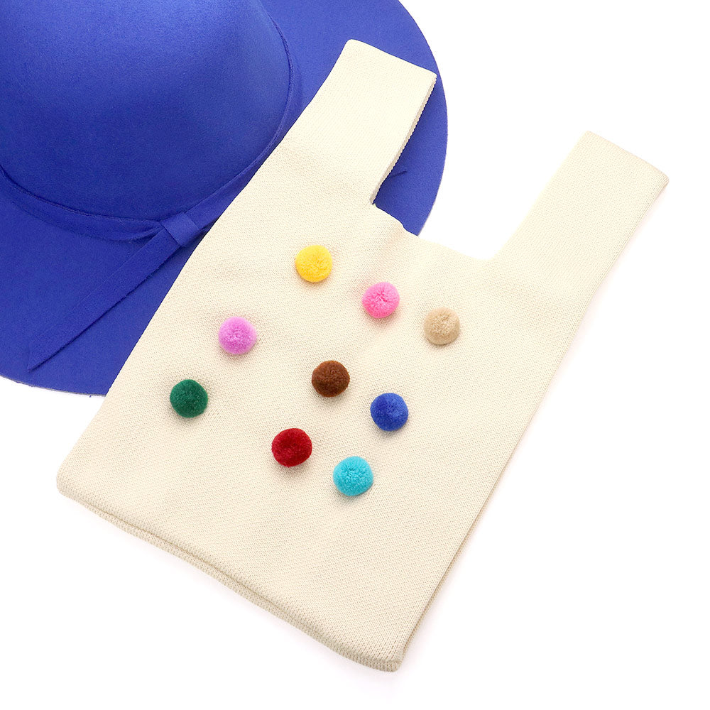 Pom Pom Embellished Knit Tote Bag