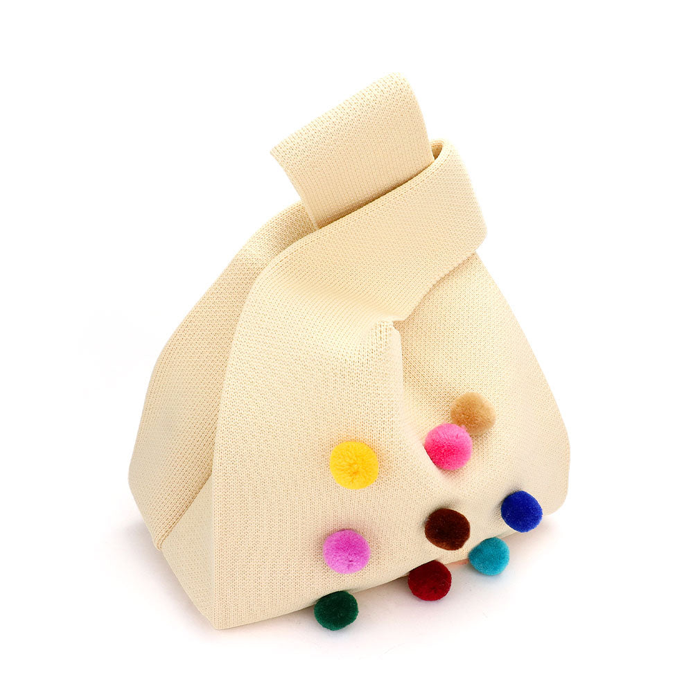 Pom Pom Embellished Knit Tote Bag