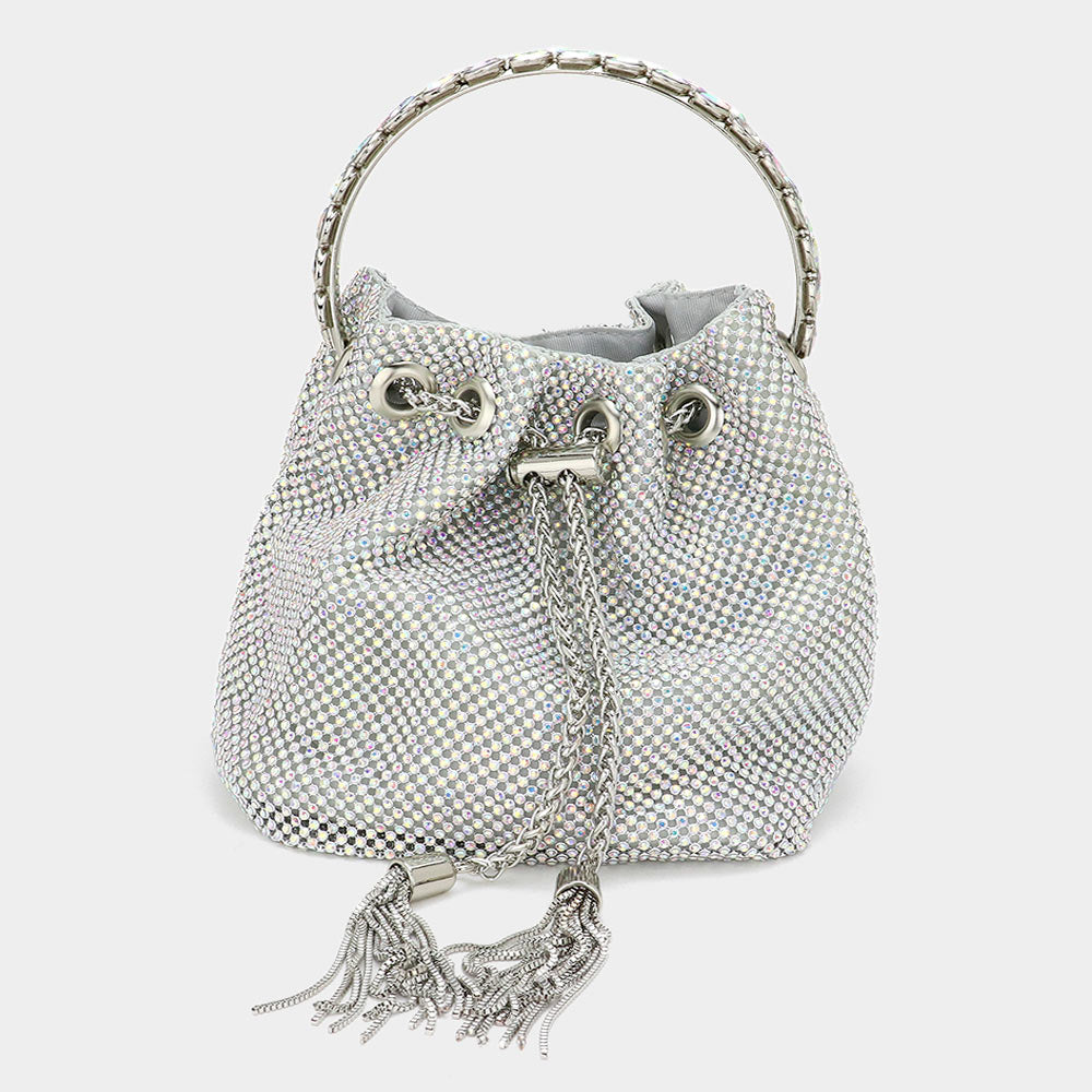 Bling Rhinestone Mesh Metal Draw String with Glass Stone Embellished Top Handle Bucket Bag / Crossbody Bag