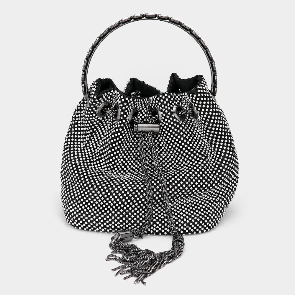 Bling Rhinestone Mesh Metal Draw String with Glass Stone Embellished Top Handle Bucket Bag / Crossbody Bag