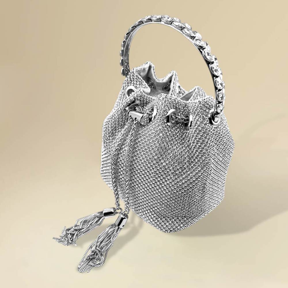 Bling Rhinestone Mesh Metal Draw String with Glass Stone Embellished Top Handle Bucket Bag / Crossbody Bag