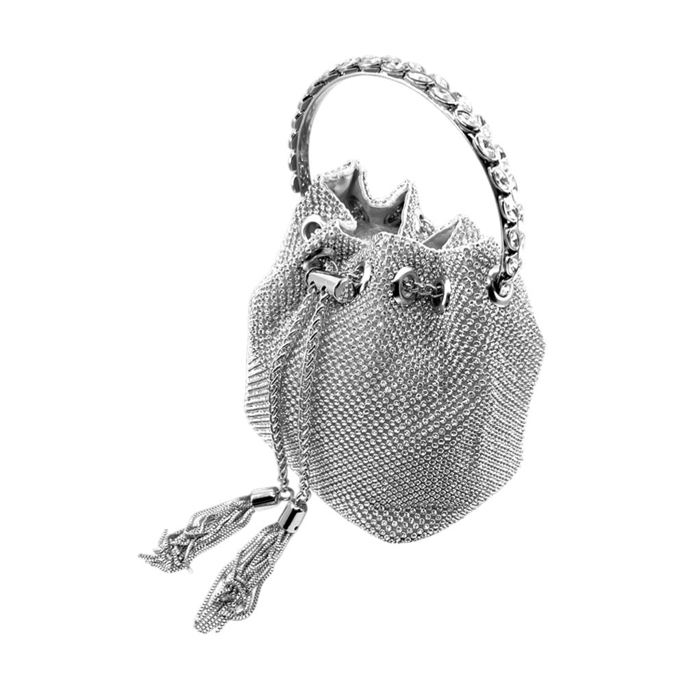Bling Rhinestone Mesh Metal Draw String with Glass Stone Embellished Top Handle Bucket Bag / Crossbody Bag