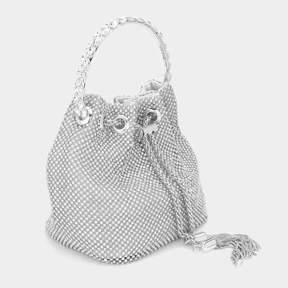 Bling Rhinestone Mesh Metal Draw String with Glass Stone Embellished Top Handle Bucket Bag / Crossbody Bag