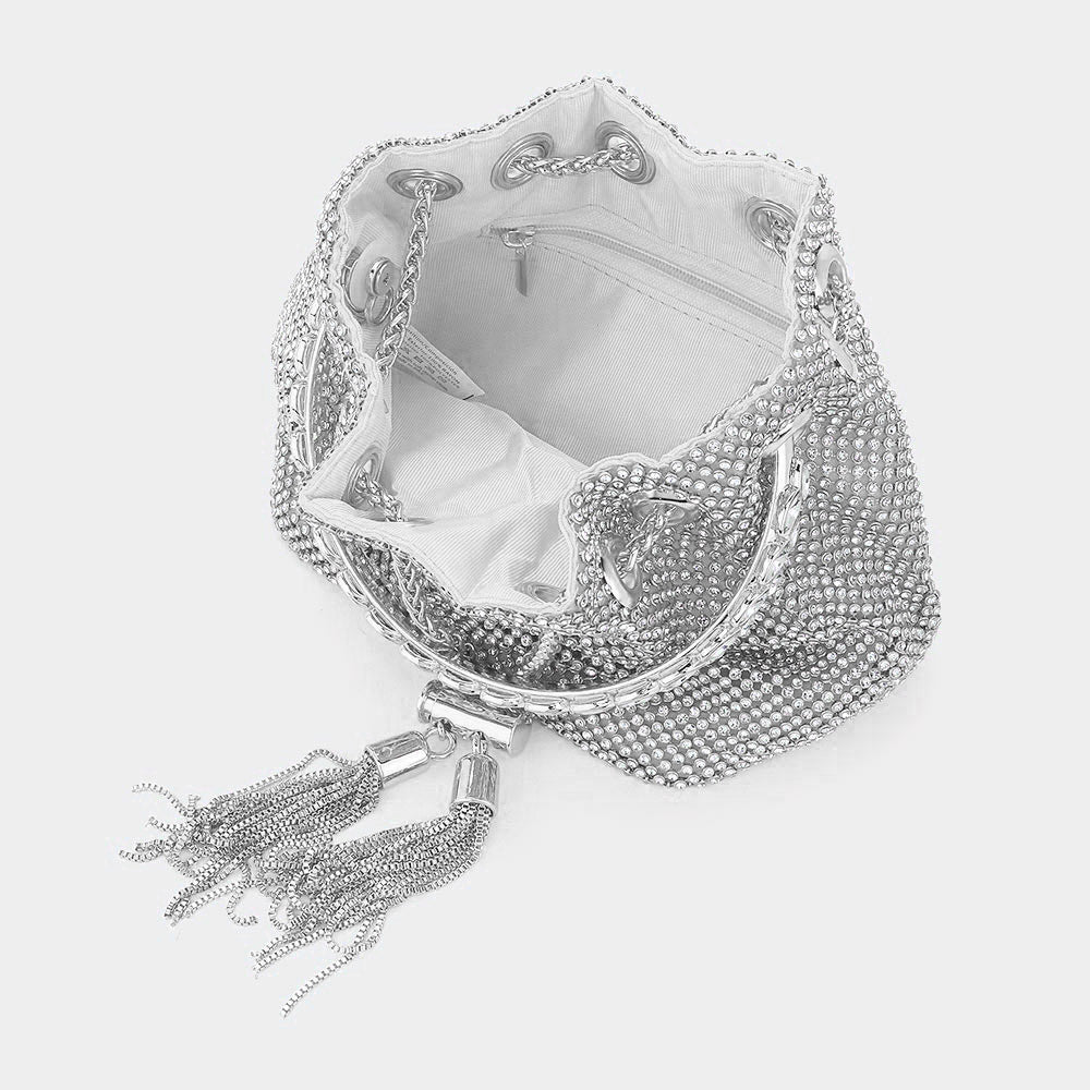 Bling Rhinestone Mesh Metal Draw String with Glass Stone Embellished Top Handle Bucket Bag / Crossbody Bag