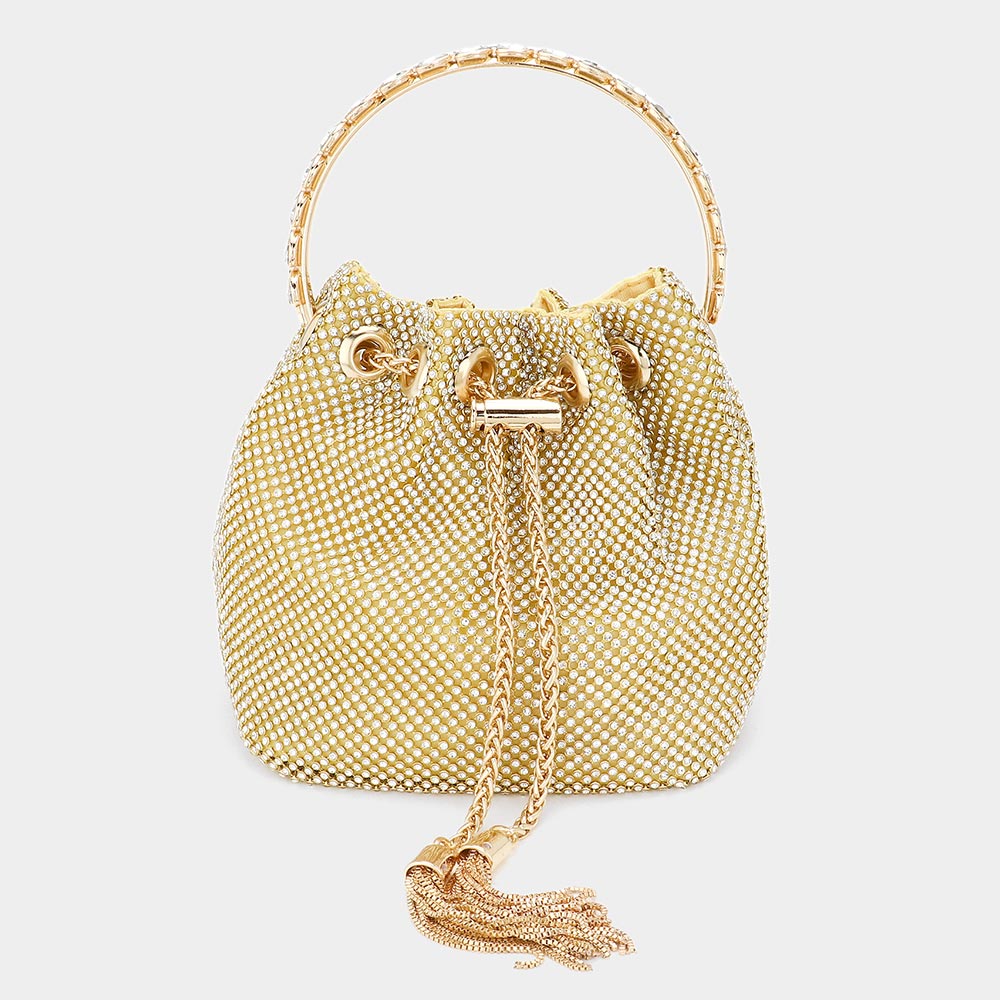 Bling Rhinestone Mesh Metal Draw String with Glass Stone Embellished Top Handle Bucket Bag / Crossbody Bag