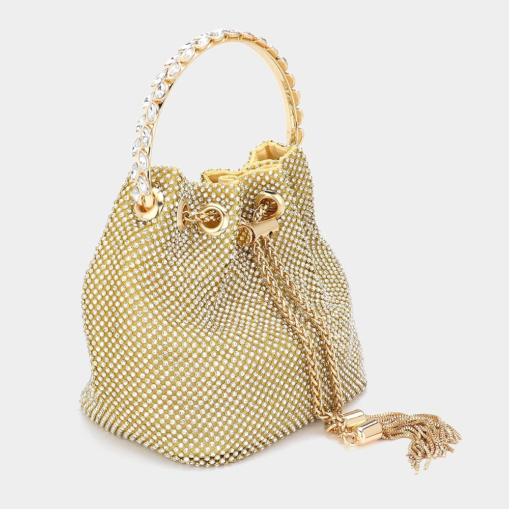 Bling Rhinestone Mesh Metal Draw String with Glass Stone Embellished Top Handle Bucket Bag / Crossbody Bag