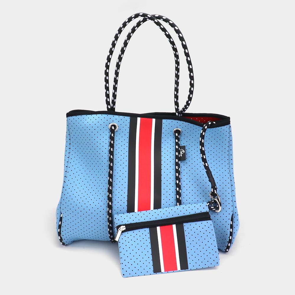 2PCS - Color Block Accented Solid Beach Tote Bag and Mini Pouch Bag Set