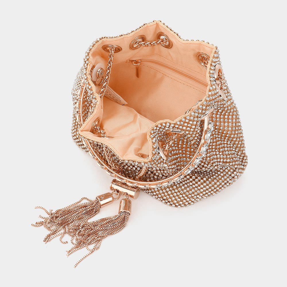 Bling Rhinestone Mesh Metal Draw String with Glass Stone Embellished Top Handle Bucket Bag / Crossbody Bag