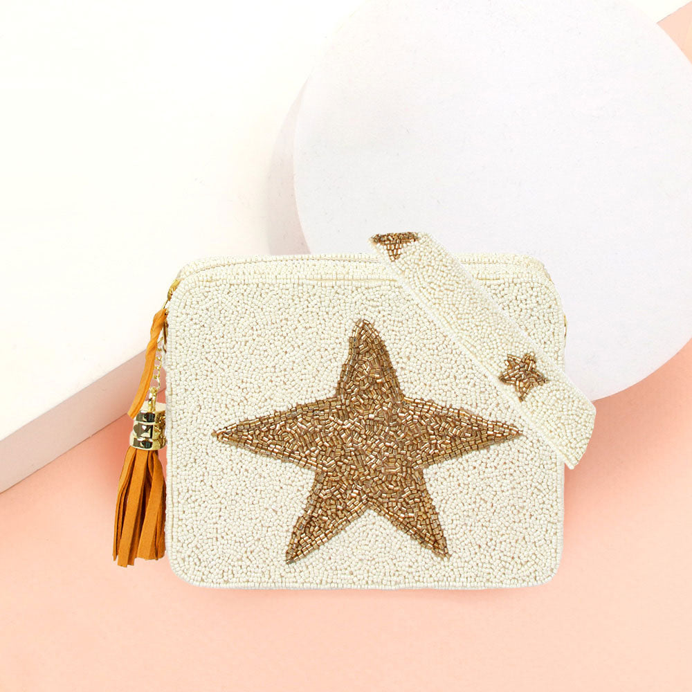 Seed Beaded Star Accented Rectangle Tassel Crossbody Bag