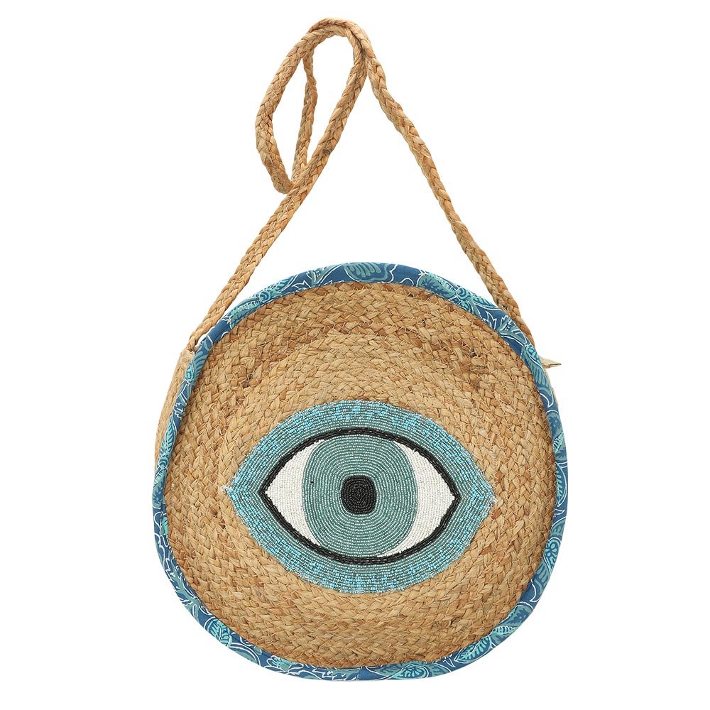 Beaded Evil Eye Accent Round Raffia Braided Crossbody Bag