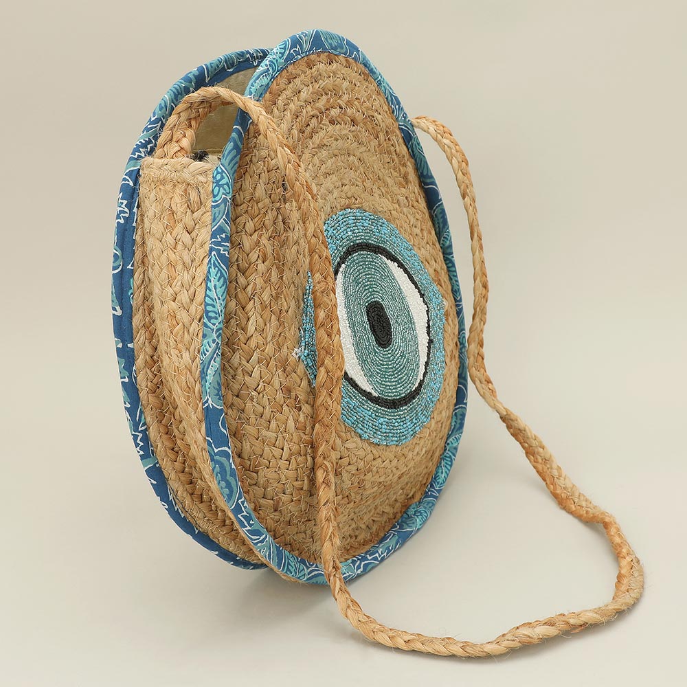 Beaded Evil Eye Accent Round Raffia Braided Crossbody Bag