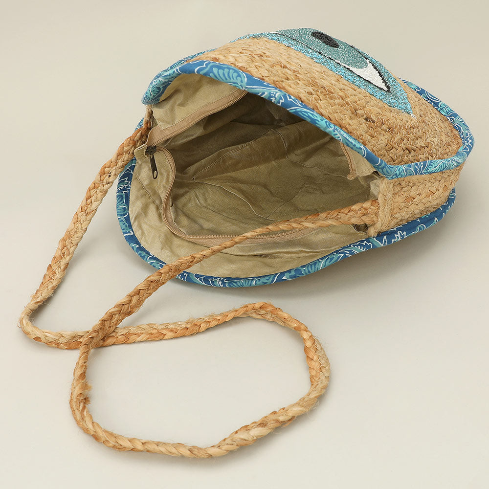 Beaded Evil Eye Accent Round Raffia Braided Crossbody Bag