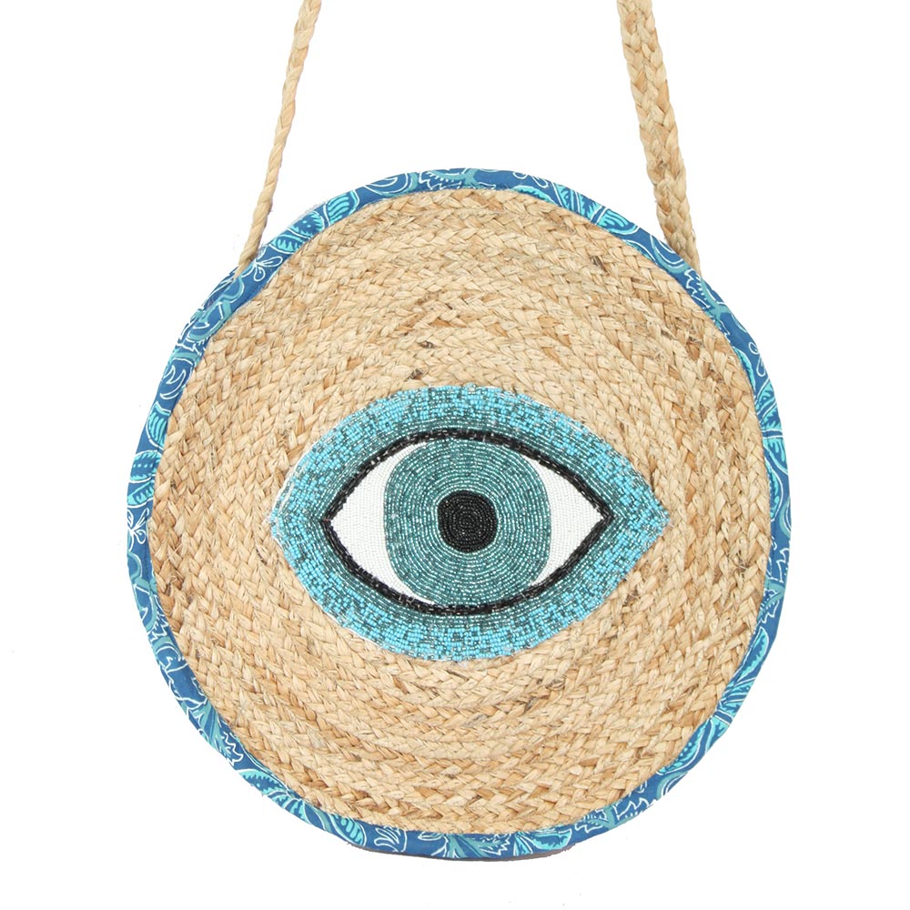 Beaded Evil Eye Accent Round Raffia Braided Crossbody Bag