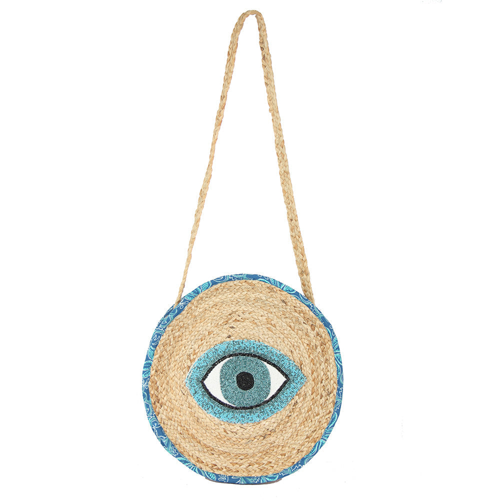 Beaded Evil Eye Accent Round Raffia Braided Crossbody Bag