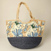 Floral Pattern Two Tone Woven Straw Shoulder Bag / Tote Bag