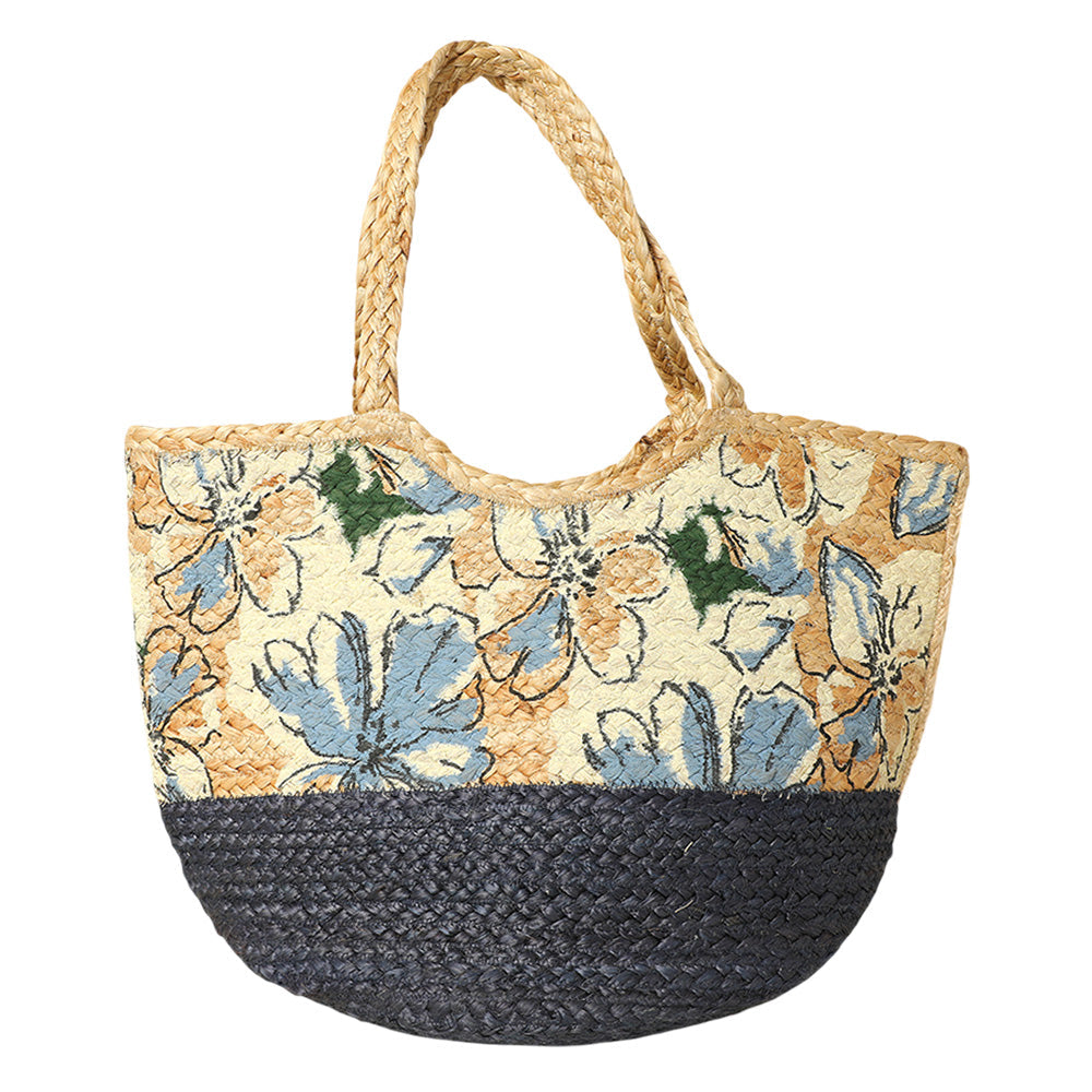Floral Pattern Two Tone Woven Straw Shoulder Bag / Tote Bag