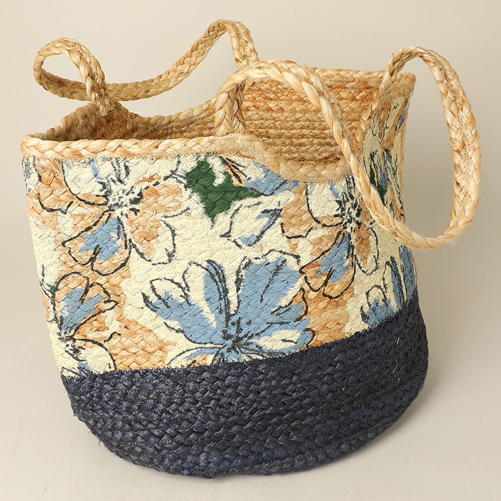 Floral Pattern Two Tone Woven Straw Shoulder Bag / Tote Bag