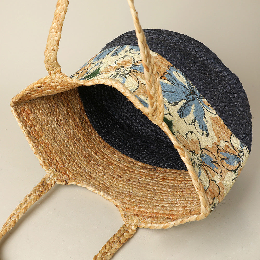 Floral Pattern Two Tone Woven Straw Shoulder Bag / Tote Bag